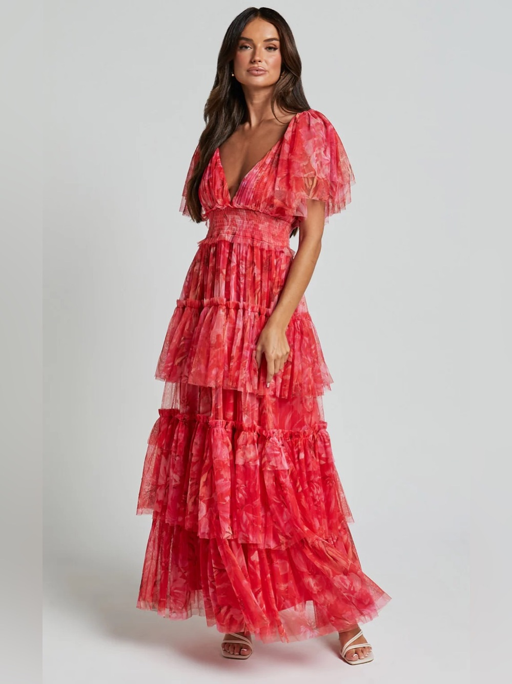 Showpo Coral Tiered V-Neck Maxi Dress
